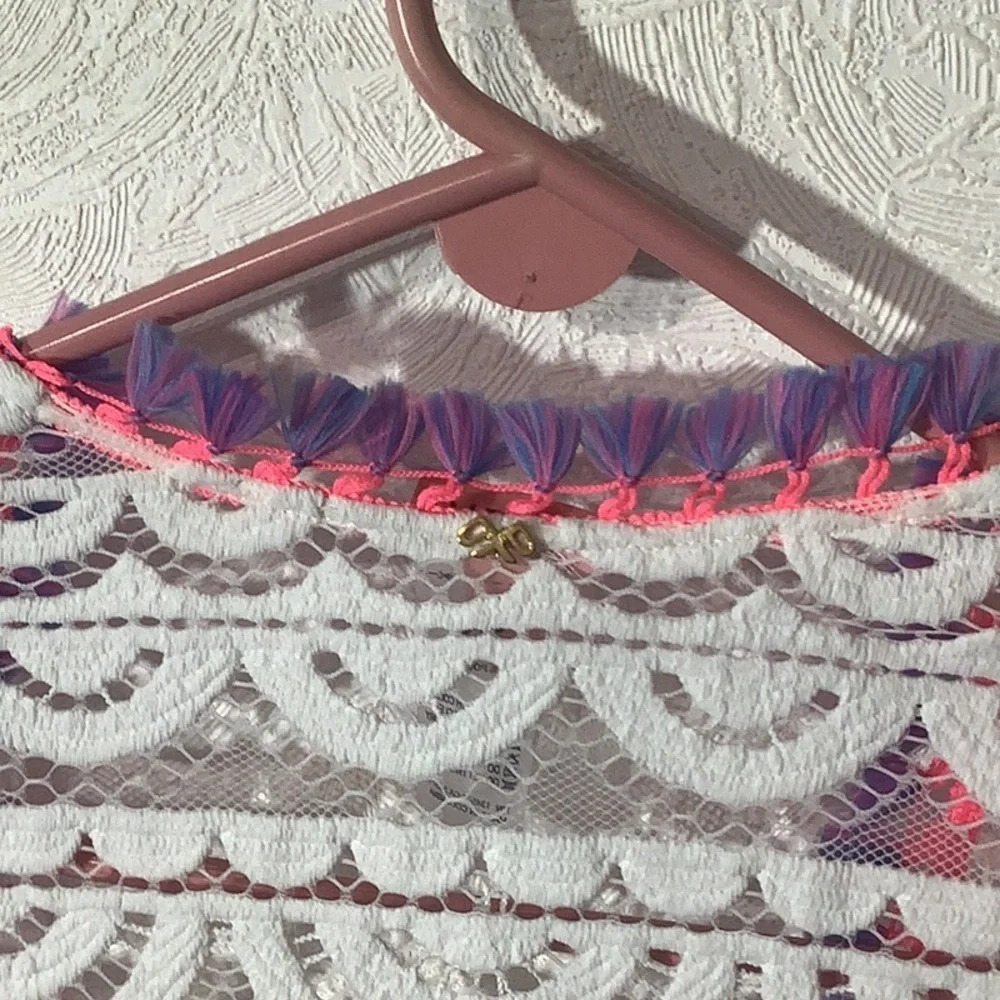 PILYQ NEW - Sz L - White Lace Cardigan with Pink and Purple Tassel Trim
